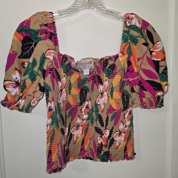 Eva Mendes Floral Puff Sleeve Smocked Crop Top Size Small - Picture 3 of 6